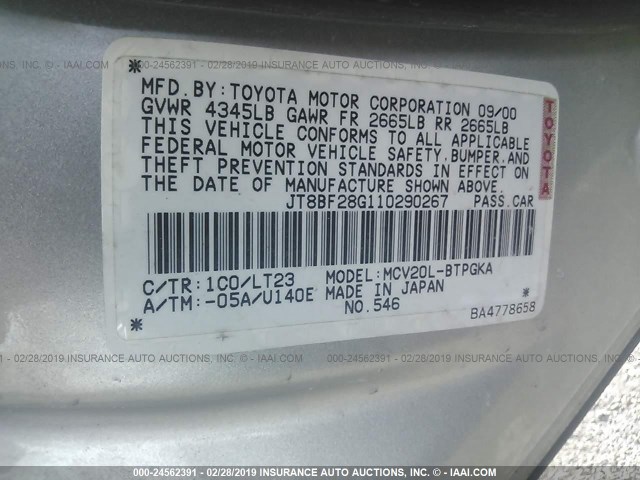 JT8BF28G110290267 - 2001 LEXUS ES 300 SILVER photo 9