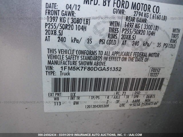 1FM5K7F80DGA51352 - 2013 FORD EXPLORER LIMITED SILVER photo 9