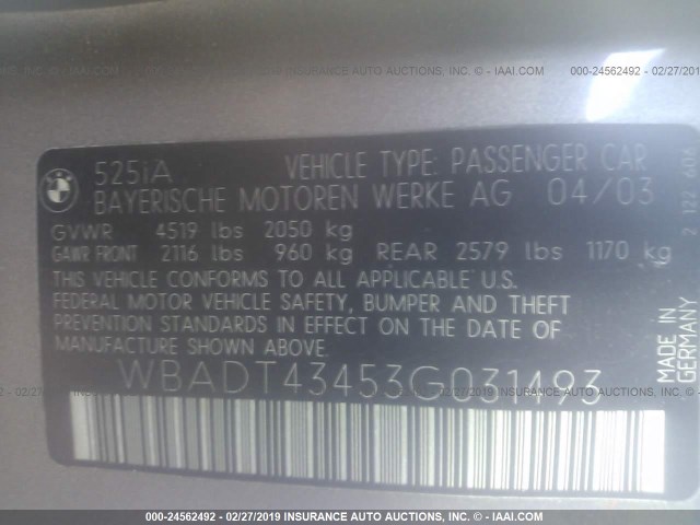 WBADT43453G031493 - 2003 BMW 525 I AUTOMATIC Boz foto 9
