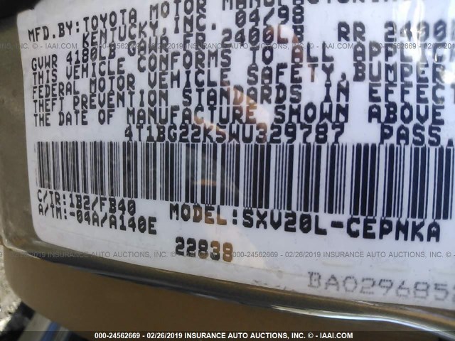 4T1BG22K5WU329787 - 1998 TOYOTA CAMRY CE/LE/XLE 棕色 照片 9