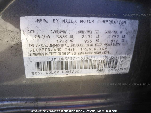 JM1BK323771638651 - 2007 MAZDA 3 S GRAY photo 9