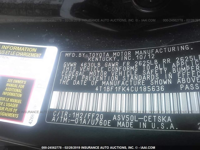 4T1BF1FK4CU185636 - 2012 TOYOTA CAMRY SE/LE/XLE BLACK photo 9