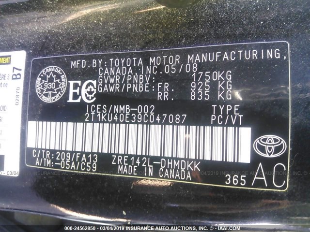 2T1KU40E39C047087 - 2009 TOYOTA COROLLA MATRIX  BLACK photo 9