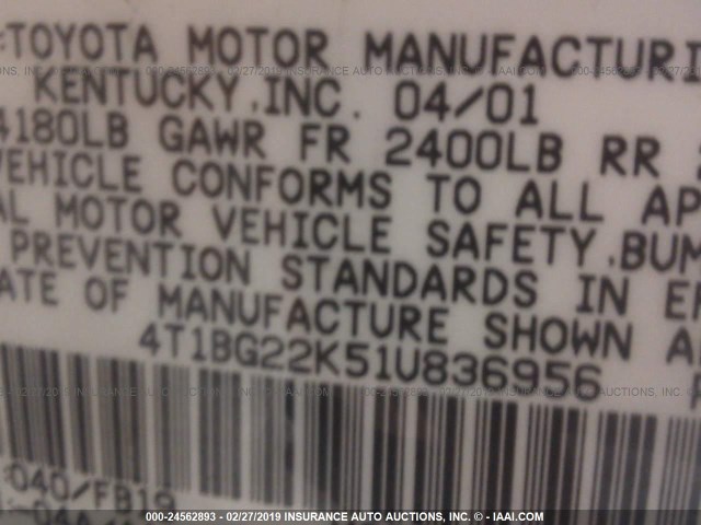 4T1BG22K51U836956 - 2001 TOYOTA CAMRY CE/LE/XLE WHITE photo 9