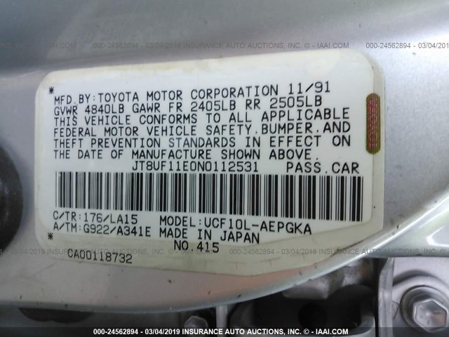 JT8UF11E0N0112531 - 1992 LEXUS LS 400 SILVER photo 9