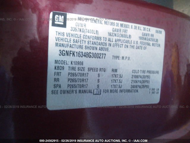 3GNFK16348G300277 - 2008 CHEVROLET SUBURBAN K1500 LS MAROON photo 9