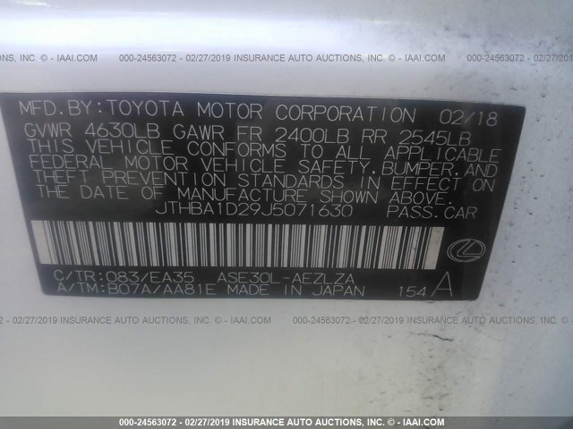 JTHBA1D29J5071630 - 2018 LEXUS IS 300 WHITE photo 9