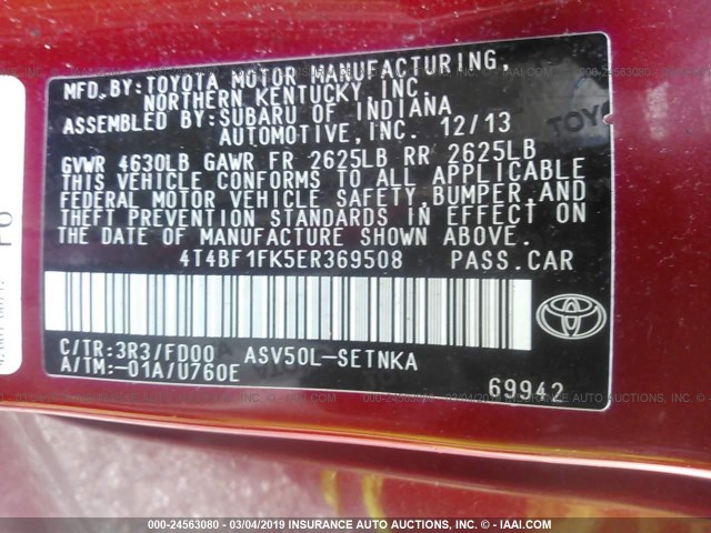 4T4BF1FK5ER369508 - 2014 TOYOTA CAMRY L/SE/LE/XLE 红色 照片 9