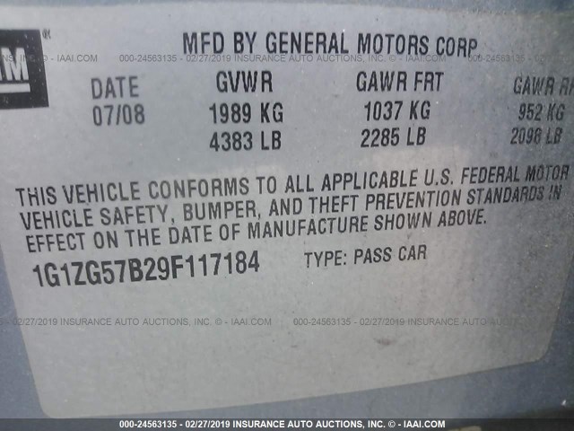 1G1ZG57B29F117184 - 2009 CHEVROLET MALIBU LS BLUE photo 9