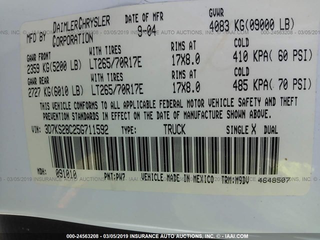 3D7KS28C25G711592 - 2005 DODGE RAM 2500 ST/SLT 白色 照片 9