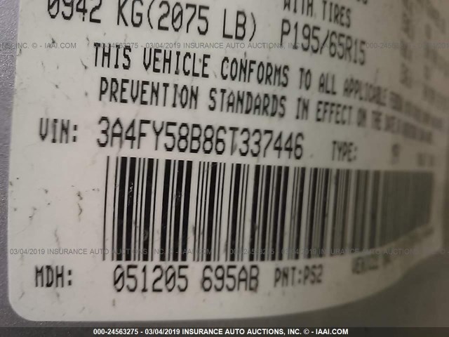 3A4FY58B86T337446 - 2006 CHRYSLER PT CRUISER TOURING SILVER photo 9