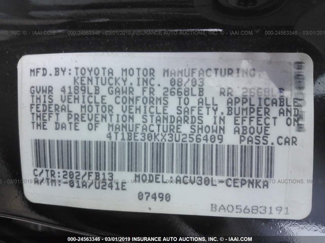 4T1BE30KX3U256409 - 2003 TOYOTA CAMRY LE/XLE/SE BLACK photo 9