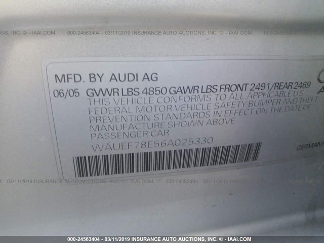 WAUEF78E56A025330 - 2006 AUDI A4 S-LINE 2.0T QUATTRO TURBO SILVER photo 9