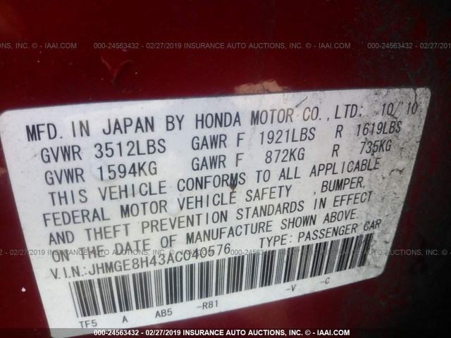 JHMGE8H43AC040576 - 2010 HONDA FIT SPORT RED photo 9