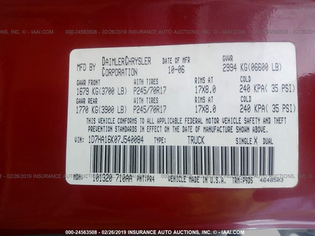 1D7HA16K07J540084 - 2007 DODGE RAM 1500 ST RED photo 9