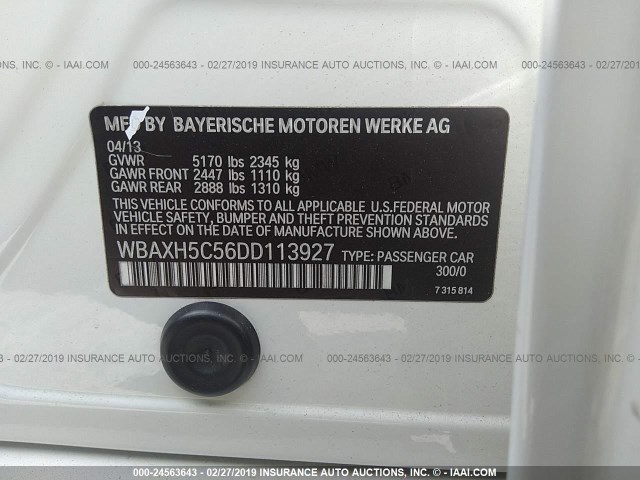 WBAXH5C56DD113927 - 2013 BMW 528 XI WHITE photo 9