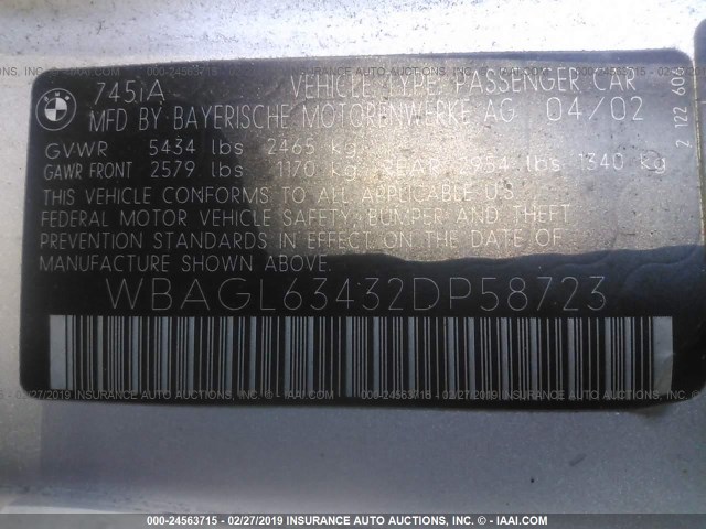 WBAGL63432DP58723 - 2002 BMW 745 I SILVER photo 9