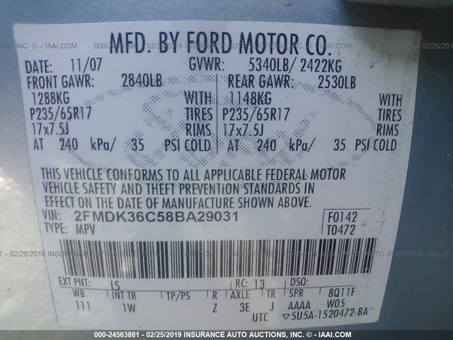 2FMDK36C58BA29031 - 2008 FORD EDGE SE Light Blue photo 9