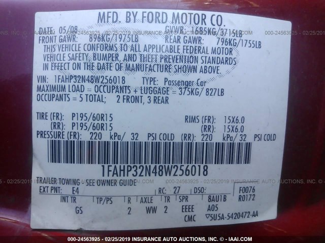 1FAHP32N48W256018 - 2008 FORD FOCUS S/SE RED photo 9