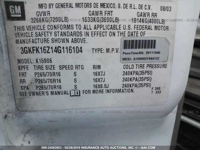 3GKFK16Z14G116104 - 2004 GMC YUKON XL K1500 WHITE photo 9