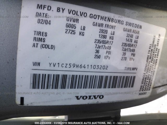 YV1CZ59H641103202 - 2004 VOLVO XC90 SILVER photo 9