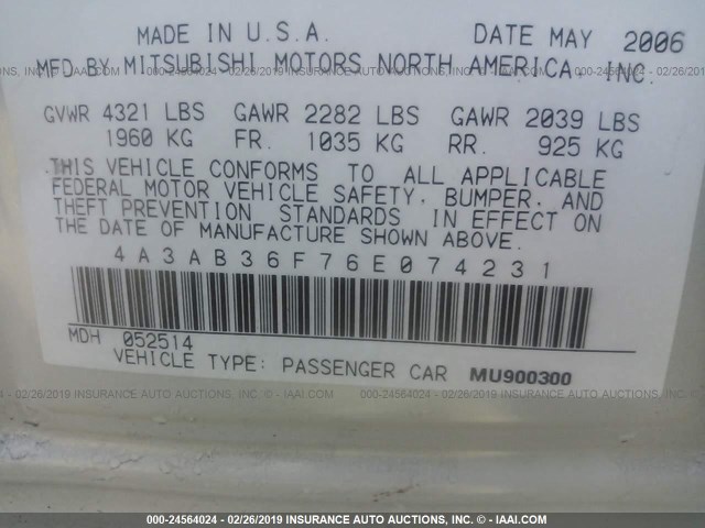 4A3AB36F76E074231 - 2006 MITSUBISHI GALANT ES MEDIUM/LS MEDIUM WHITE photo 9