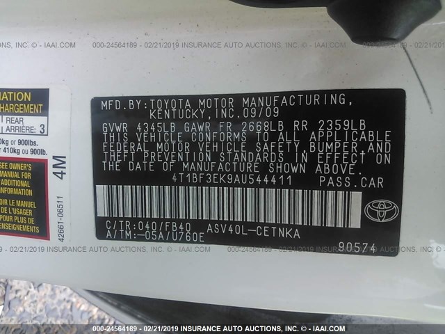 4T1BF3EK9AU544411 - 2010 TOYOTA CAMRY SE/LE/XLE 白色 照片 9