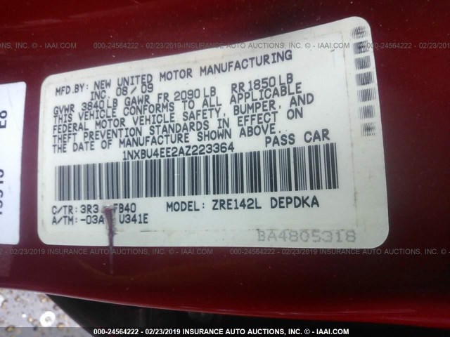 1NXBU4EE2AZ223364 - 2010 TOYOTA COROLLA S/LE/XLE RED photo 9