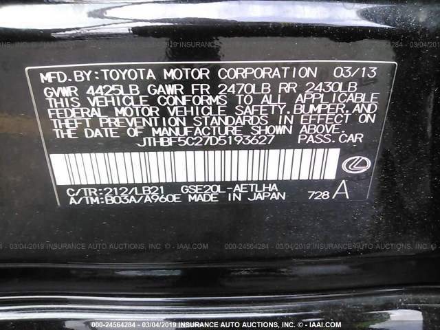 JTHBF5C27D5193627 - 2013 LEXUS IS 250 BLACK photo 9