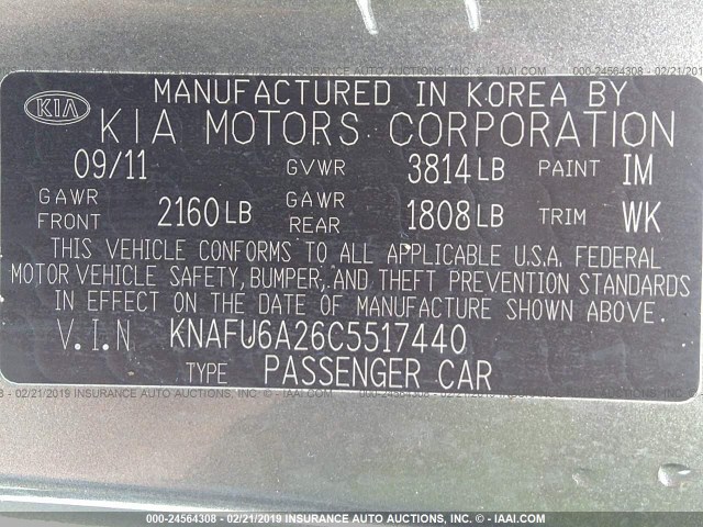 KNAFU6A26C5517440 - 2012 KIA FORTE GRAY photo 9