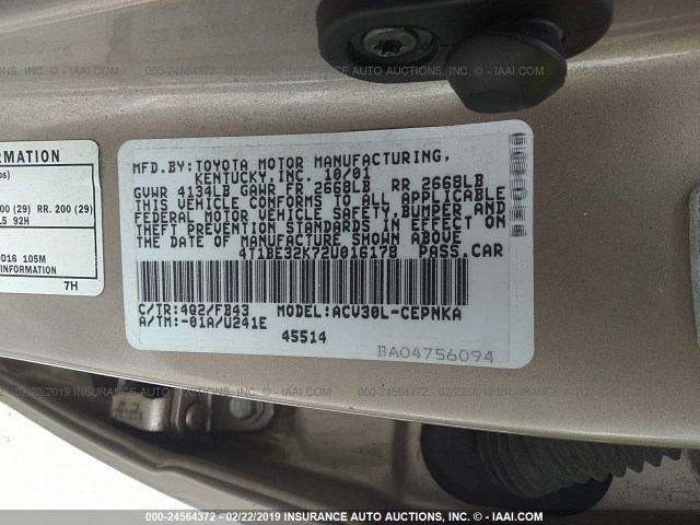 4T1BE32K72U016178 - 2002 TOYOTA CAMRY LE/XLE/SE TAN photo 9