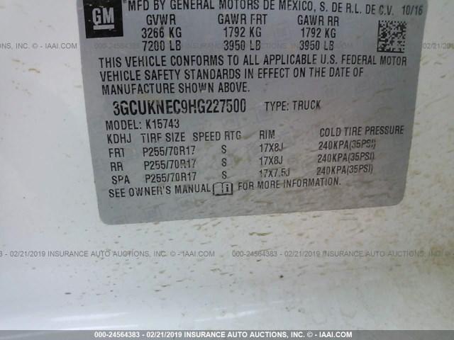 3GCUKNEC9HG227500 - 2017 CHEVROLET SILVERADO K1500/K1500 LS WHITE photo 9