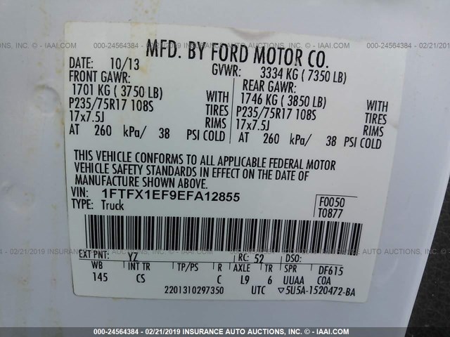 1FTFX1EF9EFA12855 - 2014 FORD F150 SUPER CAB WHITE photo 9