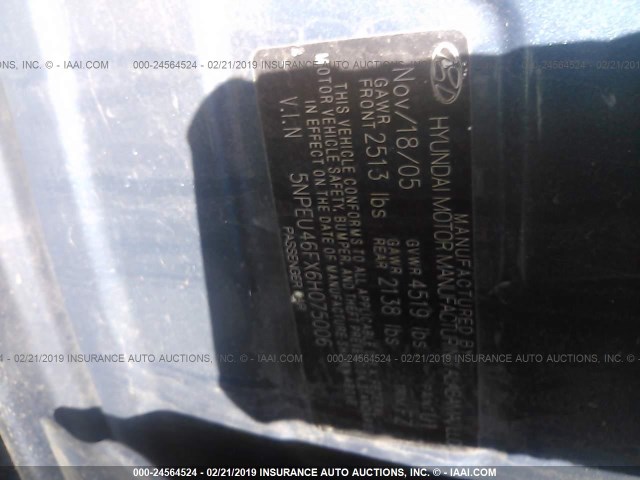 5NPEU46FX6H075006 - 2006 HYUNDAI SONATA GLS/LX BLUE photo 9