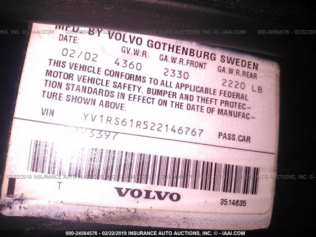 YV1RS61R522146767 - 2002 VOLVO S60 BLUE photo 9