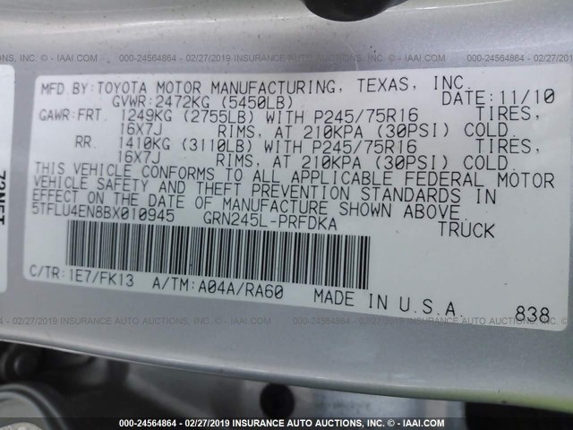 5TFLU4EN8BX010945 - 2011 TOYOTA TACOMA DOUBLE CAB 银色 照片 9