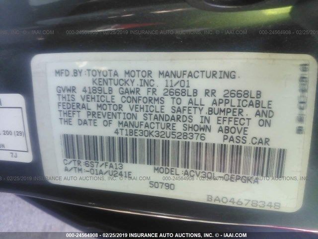 4T1BE30K32U528376 - 2002 TOYOTA CAMRY LE/XLE/SE GREEN photo 9