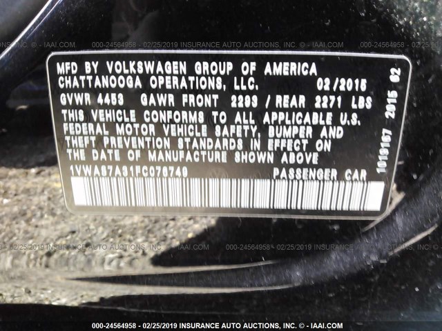 1VWAS7A31FC076749 - 2015 VOLKSWAGEN PASSAT BLACK photo 9