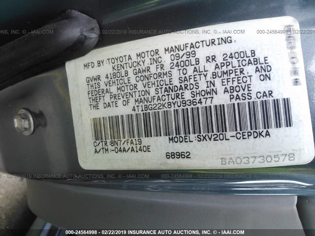 4T1BG22K8YU936477 - 2000 TOYOTA CAMRY CE/LE/XLE BLUE photo 9