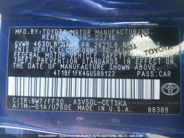 4T1BF1FK4GU589123 - 2016 TOYOTA CAMRY LE/XLE/SE/XSE BLUE photo 9