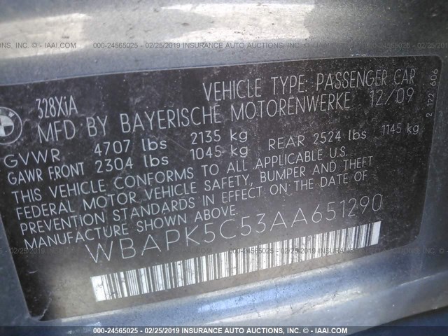 WBAPK5C53AA651290 - 2010 BMW 328 XI SULEV SILVER photo 9