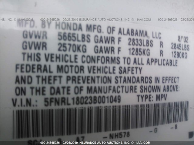 5FNRL18023B001049 - 2003 HONDA ODYSSEY EXL WHITE photo 9