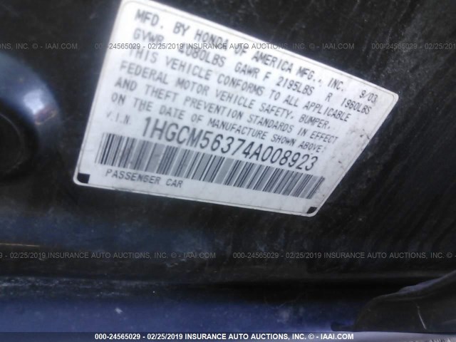 1HGCM56374A008923 - 2004 HONDA ACCORD LX GRAY photo 9