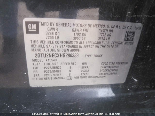 3GTU2NECXHG280383 - 2017 GMC SIERRA K1500 SLT GRAY photo 9