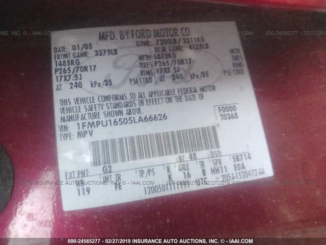 1FMPU16505LA66626 - 2005 FORD EXPEDITION XLT RED photo 9