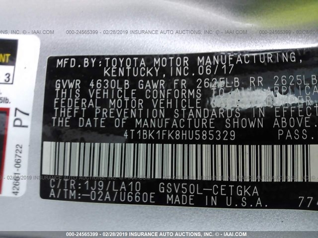4T1BK1FK8HU585329 - 2017 TOYOTA CAMRY XSE/XLE Gümüş foto 9