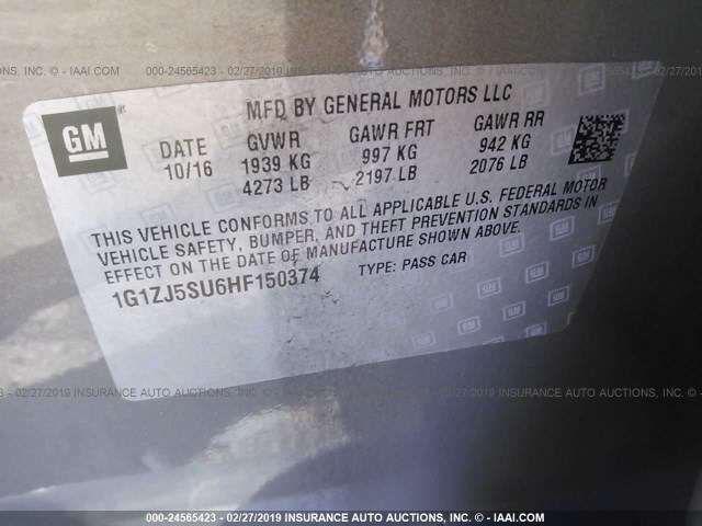 1G1ZJ5SU6HF150374 - 2017 CHEVROLET MALIBU HYBRID SILVER photo 9