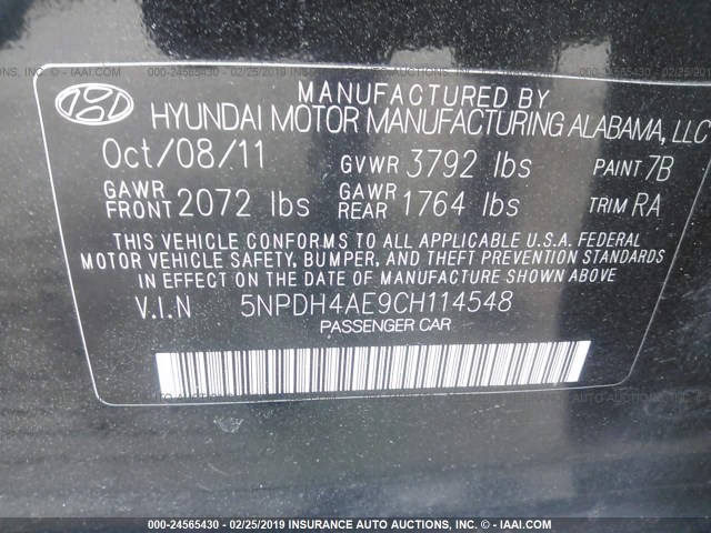 5NPDH4AE9CH114548 - 2012 HYUNDAI ELANTRA GLS/LIMITED BLACK photo 9