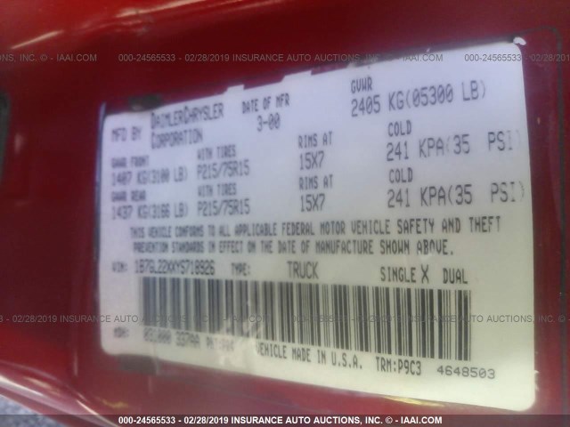 1B7GL22XXYS718926 - 2000 DODGE DAKOTA RED photo 9