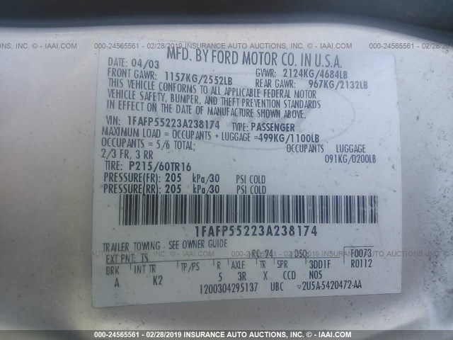 1FAFP55223A238174 - 2003 FORD TAURUS SES SILVER photo 9